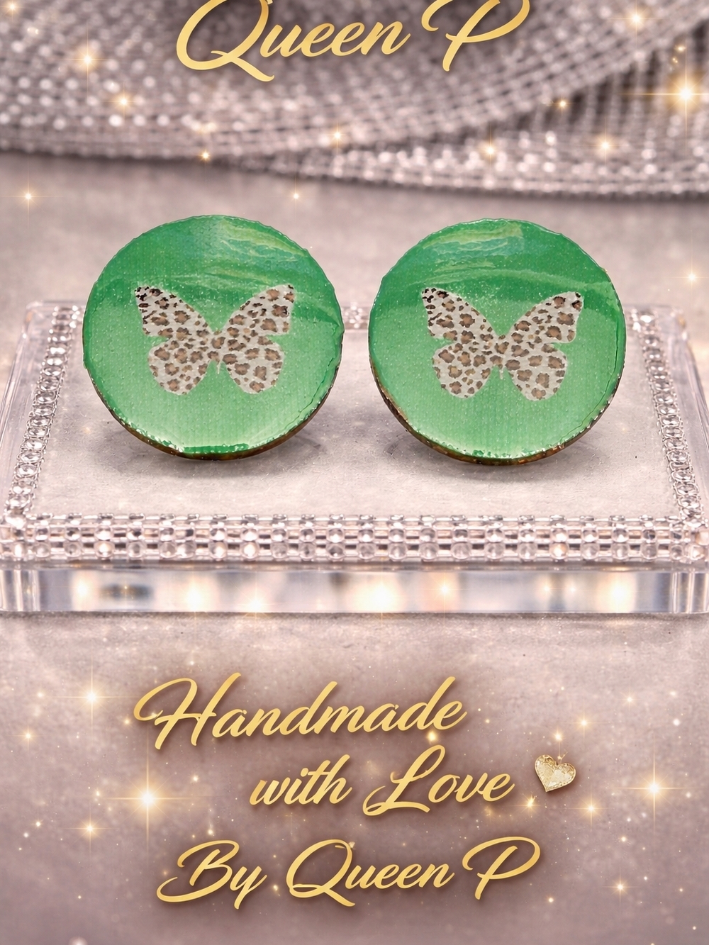 Cheetah Print Butterfly Handmade Stud Earrings With Green Base